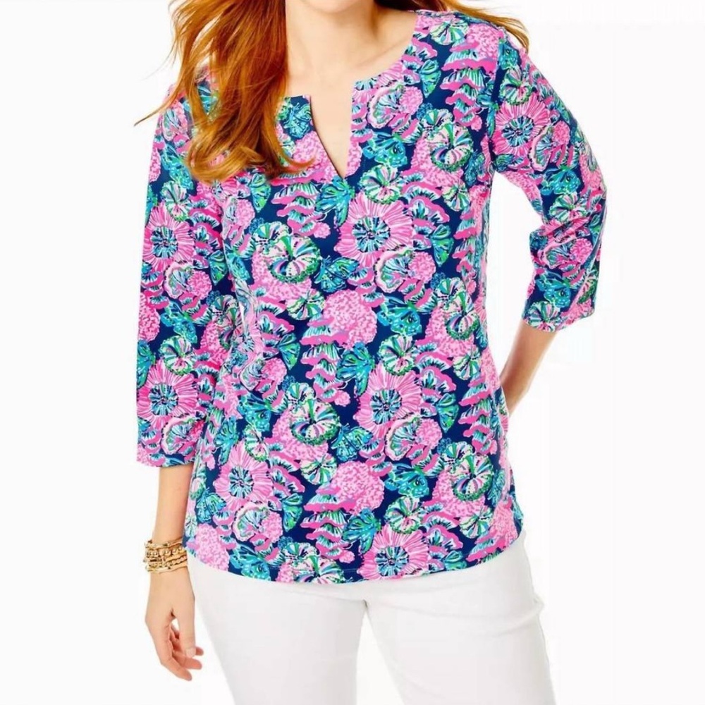 LILLY PULITZER Karina Tunic UPF 50+ - Oyster Bay Navy Shroom With A View